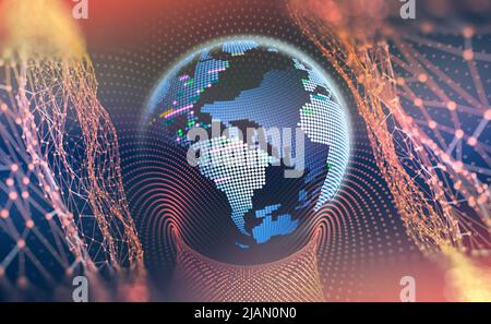 Concetto di Big Data. Pianeta del cyberspazio. Comunicazione globale. 3d illustrazione su sfondo scuro Foto Stock