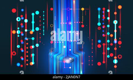 Cyber hi-tech. Flusso di big data futuristico. Movimento del flusso di dati digitali. Illustrazione del canale di trasmissione dati 3D. Presentazione dell'analisi aziendale Foto Stock