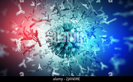 Azione vaccinale. Protezione da virus. Anticorpi e infezione virale. Difesa immunitaria del corpo. Attacco sugli antigeni 3D illustrazione Foto Stock