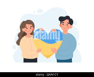 Sostenga l'Ucraina, la donna e l'uomo che tiene un cuore con i colori della bandiera Ucraina. Concetto di donazione e volontariato. Illustrazione vettoriale in cartoon piatto Illustrazione Vettoriale