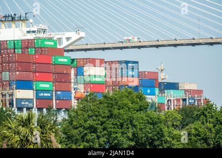 Immagini di scorta della nave COSCO Development Container, la più grande nave che mai chiamava la costa orientale, entrò nel fiume Savannah questa mattina e nel mak Foto Stock