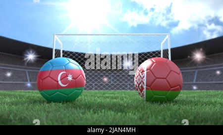 Due palline da calcio nei colori delle bandiere sullo sfondo sfocato dello stadio. Azerbaigian e Bielorussia. immagine 3d Foto Stock