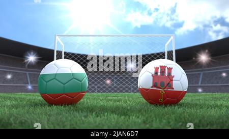 Due palline da calcio nei colori delle bandiere sullo sfondo sfocato dello stadio. Bulgaria e Gibilterra. immagine 3d Foto Stock