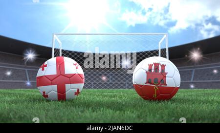 Due palline da calcio nei colori delle bandiere sullo sfondo sfocato dello stadio. Georgia e Gibilterra. immagine 3d Foto Stock