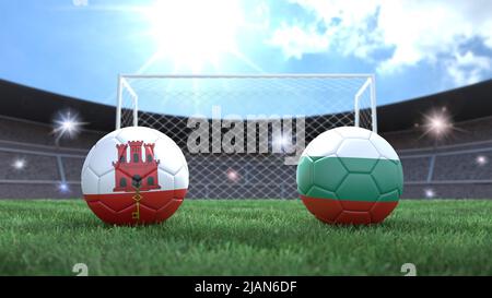 Due palline da calcio nei colori delle bandiere sullo sfondo sfocato dello stadio. Gibilterra e Bulgaria. immagine 3d Foto Stock