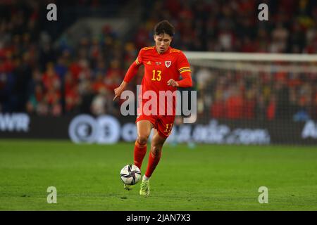 Rubin Colwill del Galles in azione. Galles / Repubblica Ceca, partita internazionale di calcio amichevole per il DEC Ucraina appello umanitario a Cardiff Foto Stock