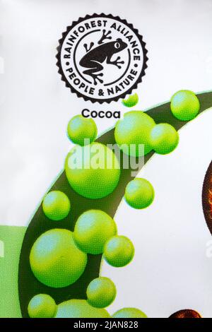 Rainforest Alliance People & Nature certificato simbolo cacao su bar di cioccolato Peppermint Aero Foto Stock