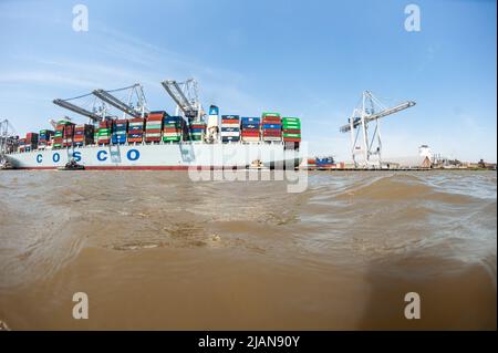 COSCO Development Container, la nave più grande da chiamare sulla costa orientale, entrò nel porto di Savannah River, dirigendosi verso la Georgia Ports Authority Foto Stock