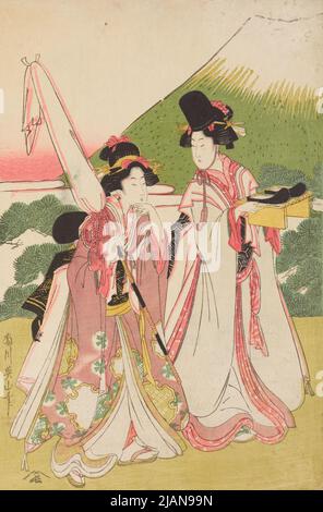 Due donne che camminano sullo sfondo del Monte Fuji, dalla serie: Viaggio contemporaneo a Edo/Tosei Azuma Kudari Eizan, Kikugawa (1787 1867) Foto Stock