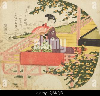 Giovane uomo seduto su un portico con un ventilatore e un pennello, dalla serie: Sei distinti fiumi Tamagawa; IDE Tamagawa; viste famose da Yamashiro /Furyu roku Tamagawa; IDE Tamagawa; Yamashiro no meisho Utagawa, toyokuni (1769 1825) Foto Stock