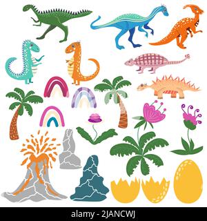 Set di dinosauri carini. Piante tropicali, vulcano, fiori, arcobaleni Funny cartone animato dinosauro Illustrazione Vettoriale