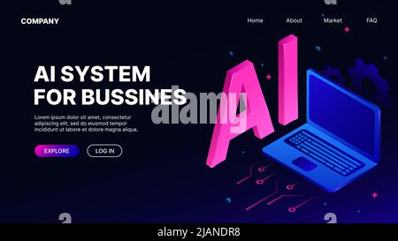 Sistema di intelligenza artificiale per le aziende. Modello di pagina di destinazione scura. Illustrazione vettoriale Illustrazione Vettoriale