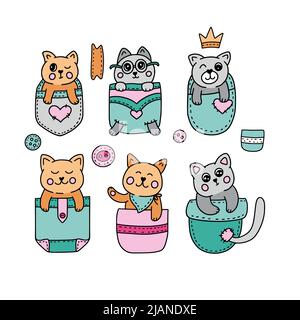Cartone animato gatto in un set tascabile, collezione di illustrazioni per bambini. Cute felice kawaii animale design Illustrazione Vettoriale