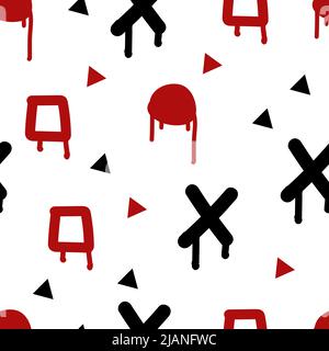 Motivo senza giunture con forme grafiche su sfondo bianco. Macchie, schizzi, gocce, cerchi, quadrati, triangoli, croci. Illustrazione Vettoriale