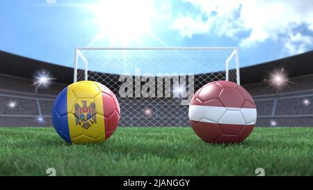 Due palline da calcio nei colori delle bandiere sullo sfondo sfocato dello stadio. Moldavia e Lettonia. immagine 3d Foto Stock