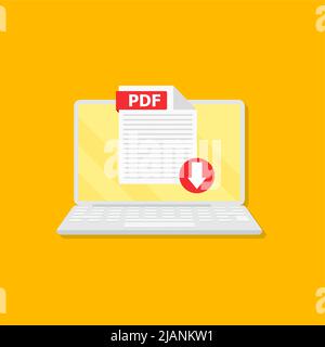 Scarica il pulsante PDF sullo schermo del laptop. Informazioni sul download del documento. File con etichetta PDF e freccia rivolta verso il basso. Illustrazione dello stock vettoriale. EPS 10 Illustrazione Vettoriale