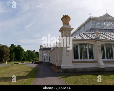 Richmond, Greater London, Inghilterra, maggio 18 2022: Royal Botanic Gardens Kew. Vista laterale della Temperate House situata all'interno di un prato e alberi. Foto Stock