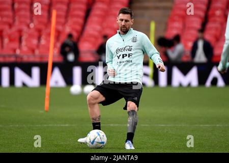 Londra, Francia. 31st maggio 2022. Lionel messi d'Argentina durante un allenamento il giorno successivo alla partita di calcio del Trofeo Finalissima 2022 tra Italia e Argentina allo stadio Wembley di Londra, Inghilterra, 31th maggio 2022. Foto Andrea Staccioli/Insidefoto Credit: Ininsidefoto srl/Alamy Live News Foto Stock