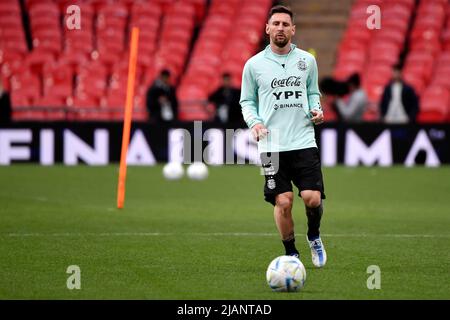 Londra, Francia. 31st maggio 2022. Lionel messi d'Argentina durante un allenamento il giorno successivo alla partita di calcio del Trofeo Finalissima 2022 tra Italia e Argentina allo stadio Wembley di Londra, Inghilterra, 31th maggio 2022. Foto Andrea Staccioli/Insidefoto Credit: Ininsidefoto srl/Alamy Live News Foto Stock