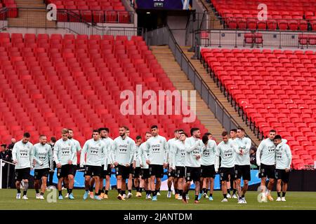 Londra, Francia. 31st maggio 2022. I giocatori argentini durante un allenamento il giorno prima della partita di calcio del Trofeo Finalissima 2022 tra Italia e Argentina allo stadio Wembley di Londra, Inghilterra, 31th maggio 2022. Foto Andrea Staccioli/Insidefoto Credit: Ininsidefoto srl/Alamy Live News Foto Stock