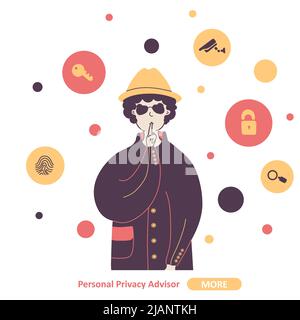 Consulente per la privacy personale, illustrazione vettoriale piatta esperta. Detective in occhiali neri con hush gesture fumetto carattere. Informazioni private prot Illustrazione Vettoriale