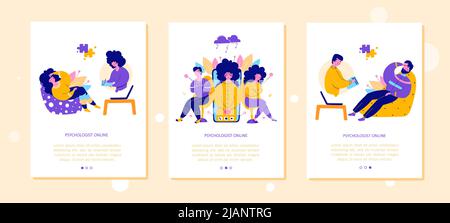 Famiglia con bambino consultazione con psicologo online, web banner template set. Problema di salute mentale del bambino, illustrazione isolata. Illustrazione Vettoriale