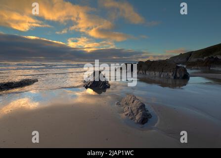 Tramonto a Freathy Beach Foto Stock