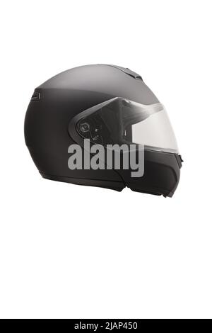 Scatto laterale di un casco nero a faccia intera per motocicletta isolato su sfondo bianco Foto Stock