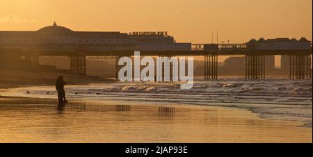 Dawn silhouettes di persone sulla spiaggia a bassa marea, Brighton & Hove, East Sussex, Inghilterra, Regno Unito. Passeggiata mattutina sulla spiaggia con il Palazzo / Brighton Pier sullo sfondo. Foto Stock