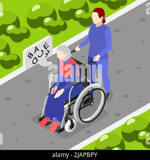 Nurse trasporta la donna anziana con sintomi di demenza in sedia a rotelle sfondo isometrico 3D illustrazione vettoriale Illustrazione Vettoriale