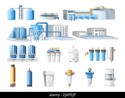 Set di cartoni animati con tecnologia di purificazione dell'acqua con filtrazione di pulizia per apparecchiature industriali e domestiche illustrazione vettoriale isolata Illustrazione Vettoriale