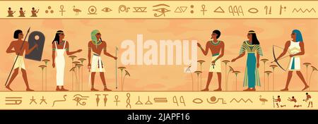 Antica composizione della società egiziana con vista orizzontale di caratteri umani piatti con cornice e geroglifici scritti illustrazione vettoriale Illustrazione Vettoriale