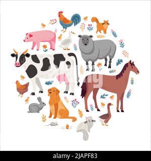 Animali da fattoria uccelli e animali domestici cerchio composizione piatta con mucca maiale cavallo oca topo gatto pecora anatra illustrazione vettore Illustrazione Vettoriale
