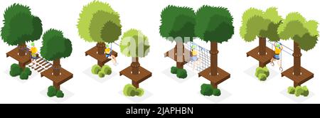 Set isometrico Adventure Park di zipline per scale in corda e altri ostacoli con elementi naturali illustrazione vettoriale isolata Illustrazione Vettoriale