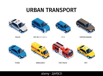 Set isometrico di trasporto pubblico di composizioni isolate con testo e icone di illustrazione vettoriale di veicoli privati e di servizio Illustrazione Vettoriale