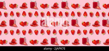 Molte fragole e marmellata dolce su sfondo rosa. Ripetizione per il progetto Foto Stock