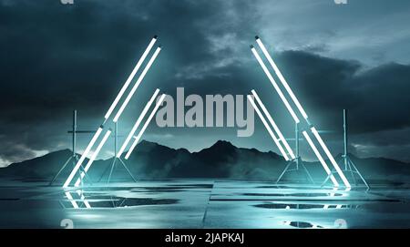 Futuristica illuminazione da palcoscenico e paesaggio all'aperto. Sfondo del posizionamento del prodotto 3D illustrazione. Foto Stock