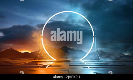 Anello luminoso con illuminazione atmosferica impostato su un paesaggio all'aperto. Posizionamento del prodotto b3D sfondo dell'illustrazione. Foto Stock
