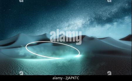 Paesaggio di dune di sabbia di notte con un anello luminoso al neon. Sfondo futuristico di 3D illustrazioni Foto Stock
