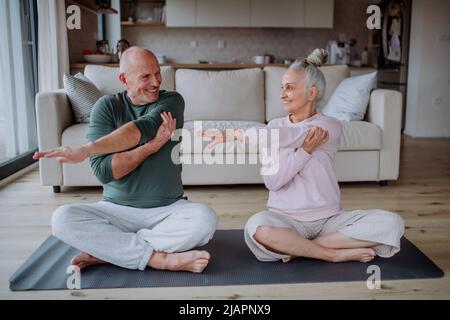 Coppia anziana che fa l'esercitazione di rilassamento insieme nel paese. Foto Stock