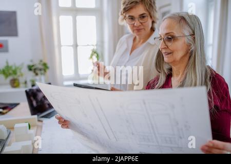 Le donne mature eco architetti con modello di moderni bulidings e progetti che lavorano insieme in ufficio. Foto Stock