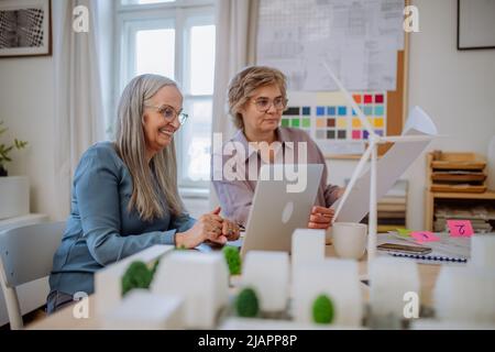 Le donne anziane sono eco architetti con progetti che lavorano insieme su un notebook in ufficio. Foto Stock