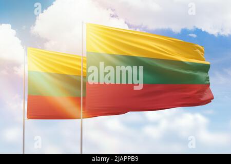 Cielo azzurro soleggiato e bandiere di lituania e lituania Foto Stock