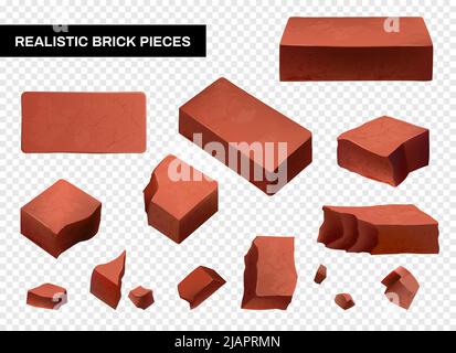 Pezzi interi e rotti della parete del mattone insieme isolati su sfondo trasparente illustrazione realistica del vettore Illustrazione Vettoriale