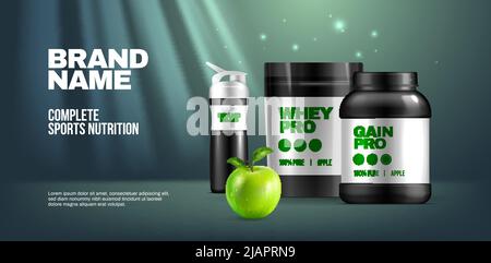 Poster di nutrizione sportiva con proteine del siero di latte e supplementi realistico illustrazione vettoriale Illustrazione Vettoriale
