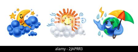 Realistiche condizioni atmosferiche in plastilina con tre composizioni isolate di luna solare e fumetto icone a forma di bolla illustrazione vettoriale Illustrazione Vettoriale