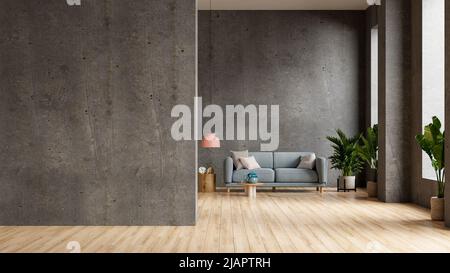 Casa in stile loft con divano blu e accessori nella camera oscura.3D rendering Foto Stock