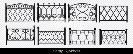 Sezioni di recinzione in metallo forgiato con motivo diverso realistico impostato su sfondo trasparente illustrazione vettoriale isolata Illustrazione Vettoriale