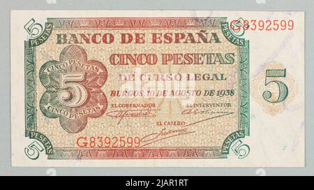 Banconota da 5 pesetas; Banco de Spain, 10.08,1938 Giescate & devrient, inglese Foto Stock