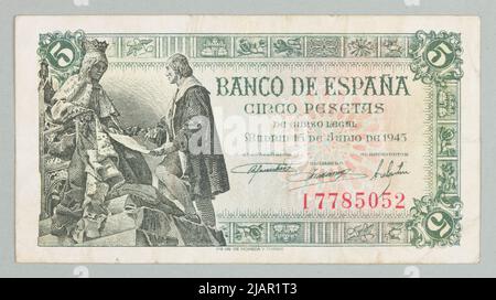 Banconota da 5 pesetas; Banco de Spain, 06,1945 F CA a valuta e campana Foto Stock